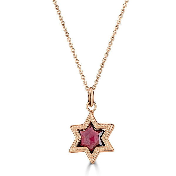 Ethereal Star Necklaces Ronnie Taubenfeld 14k yellow gold star shaped handmade charm with red Garnet gem on 14k cable chain