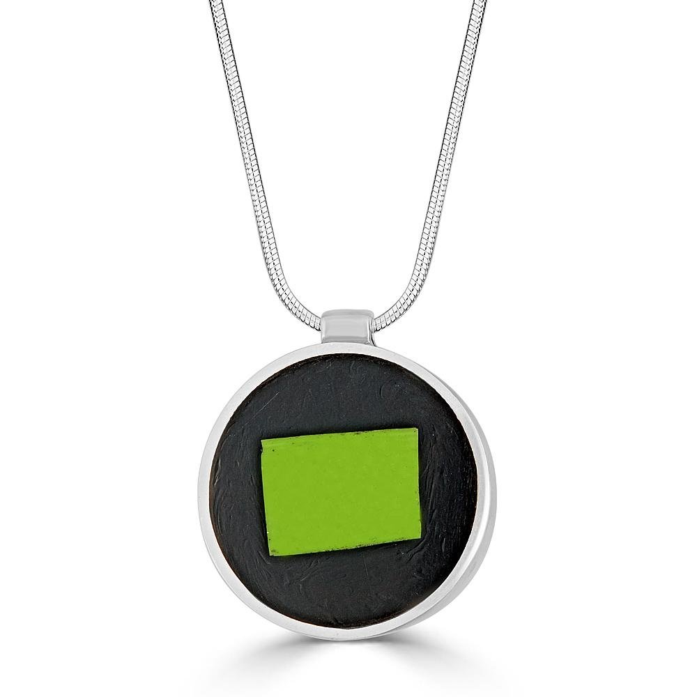 Big Square Necklaces Ronnie Taubenfeld is a handmade sterling silver with lime green Murano glass set in dark resin