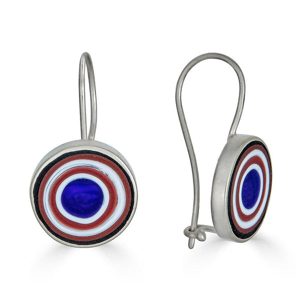 Bullseye Drops Earrings Ronnie Taubenfeldare handmade using Murano glass slices embedded in black resin and set in sterling silver and are self-locking