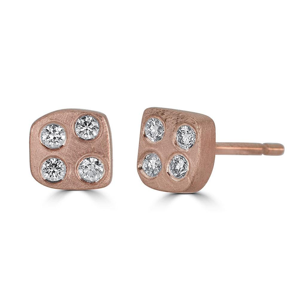 Chirip Studs Earrings Ronnie Taubenfeld are handmade tiny 14k rose gold squares with four tiny diamonds in each