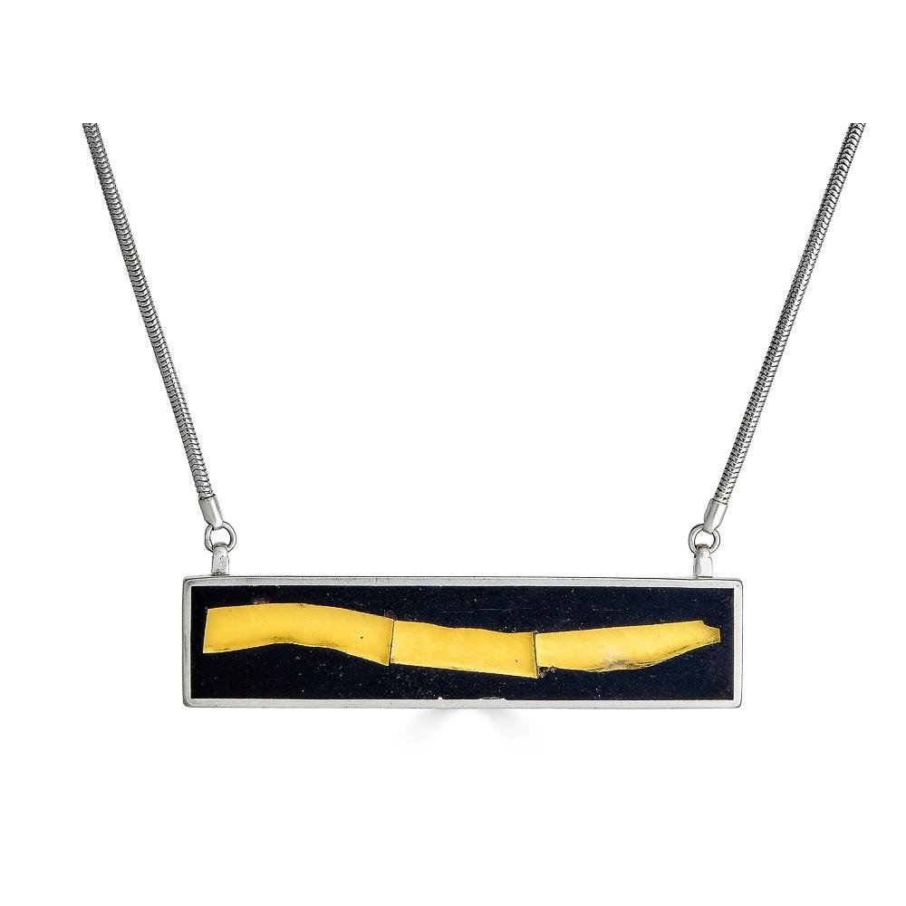 Collage of Gold Necklace Ronnie Taubenfeld is a handmade sterling silver bar with a wave of 24k gold-fused glass set in black resin 