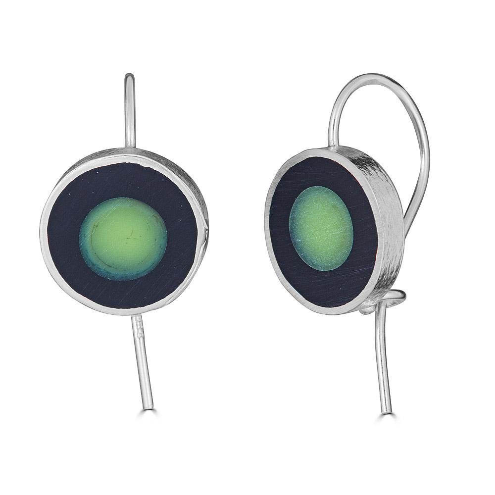 Color Disk Drops Earrings Ronnie Taubenfeld are handmade from green Murano glass slices set with dark resin in sterling silver with self locking mechanisms