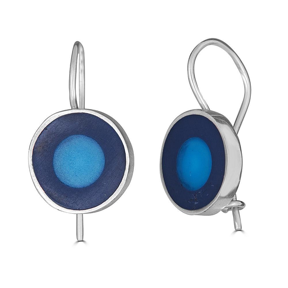 Color Disk Drops Earrings Ronnie Taubenfeld are handmade from teal Murano glass slices set with dark resin in sterling silver with self locking mechanisms