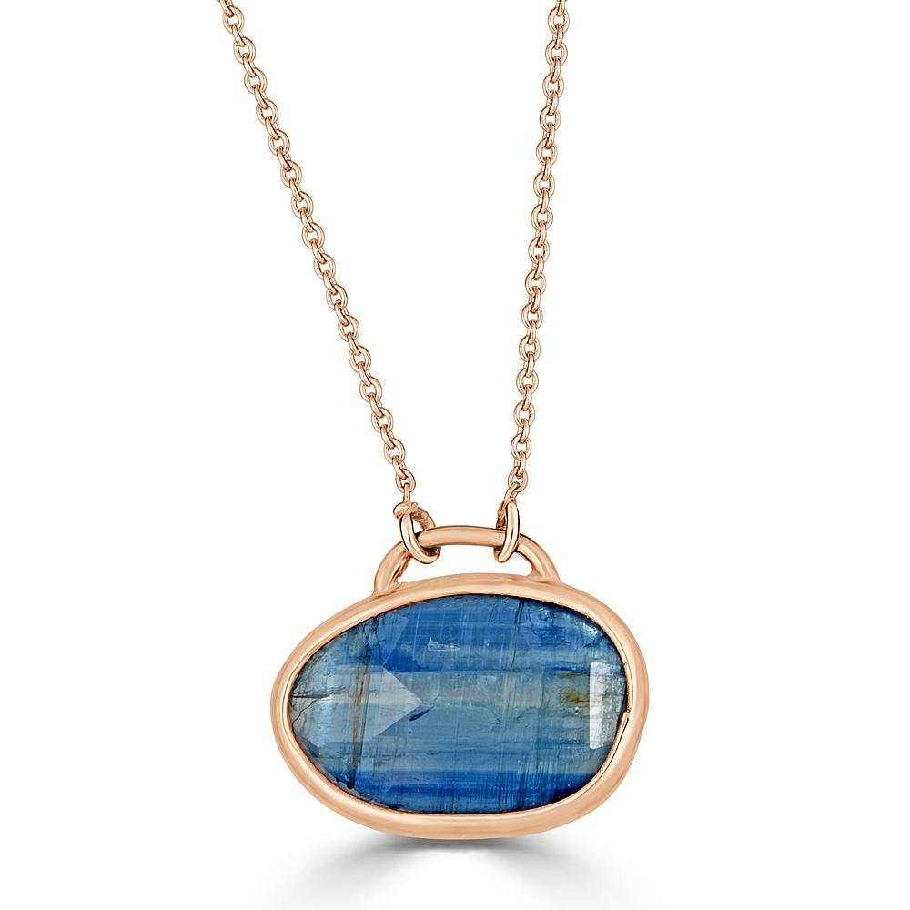 Deep Pool Mini Handle Necklace Ronnie Taubenfeld is a handcut oval Kyanite polki gem handset in 14k gold with a handle on top.