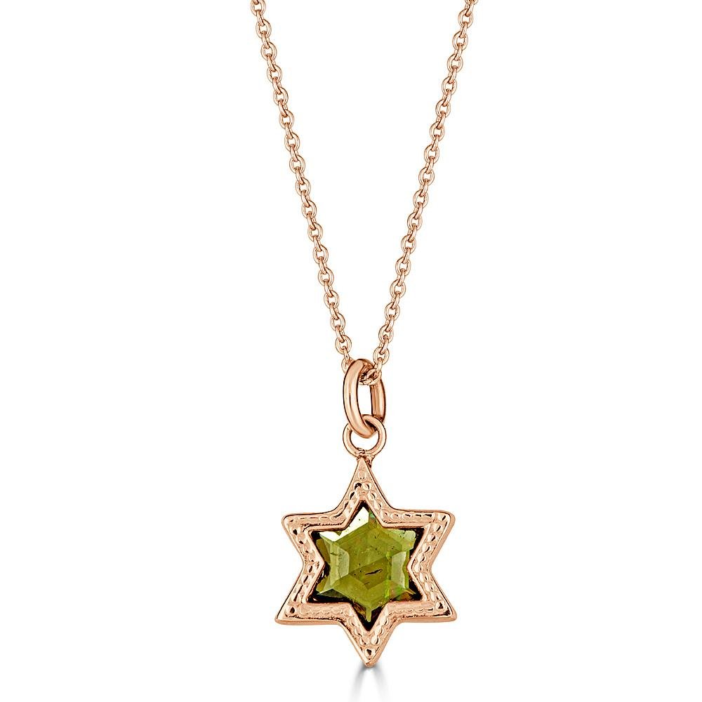Ethereal Star Necklaces Ronnie Taubenfeld 14k yellow gold star shaped charm with green Tourmaline gem on 14k cable chain