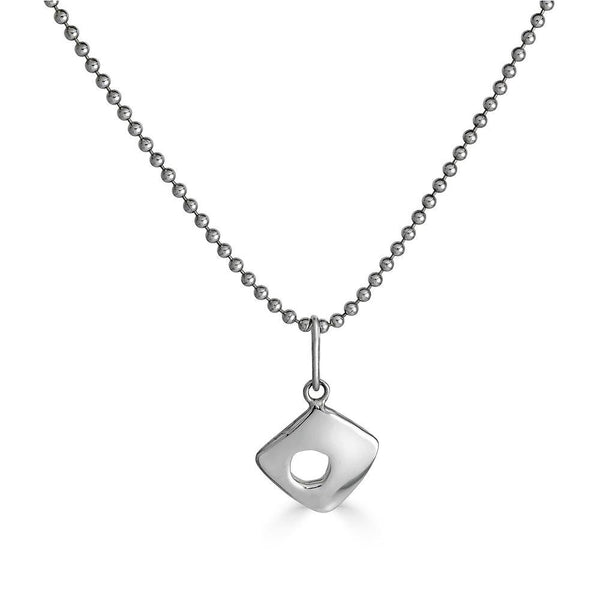 Fogo Charm Necklace Ronnie Taubenfeld handmade sterling silver square charm with round hole on silver ball chain