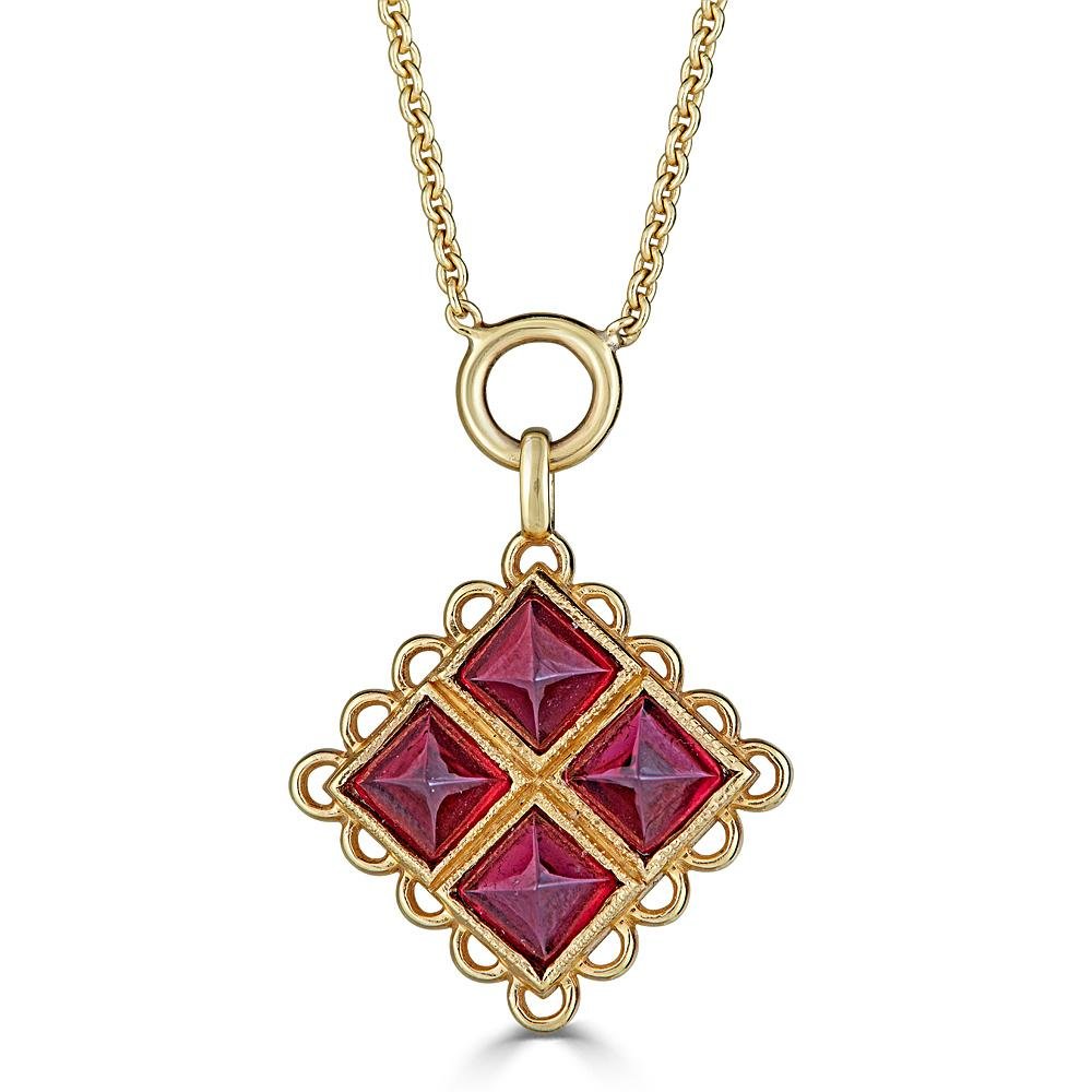 Foursquare Necklace Necklace Ronnie Taubenfeld has 4 pyramid cut garnets hand set in a lacy, elegant 14K gold frame