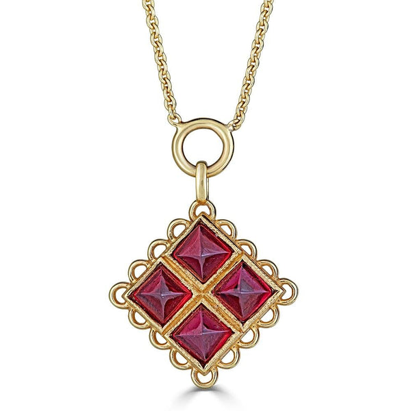 Foursquare Necklace Necklace Ronnie Taubenfeld has 4 pyramid cut garnets hand set in a lacy, elegant 14K gold frame