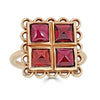 Foursquare Ring Ronnie Taubenfeld four pyramid cut garnet gems are hand set in a 14k gold lacy frame