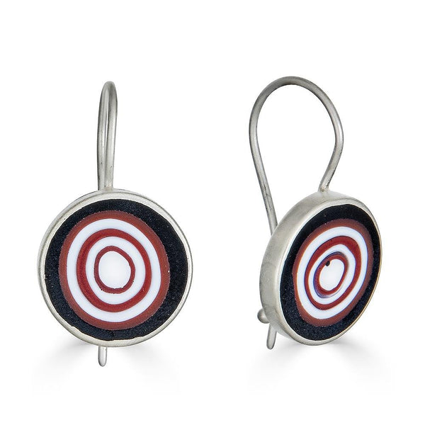 Glass Target Drops Earrings Ronnie Taubenfeld Murano glass bullseye slices embedded in black resin and set in sterling silver, self-locking and handmade