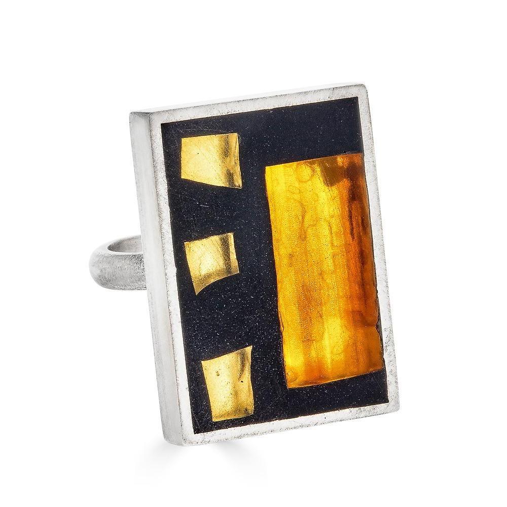 Gold Statement Ring Ronnie Taubenfeld. Amber and gold Murano glass rectangles embedded in black resin and set in a large sterling silver rectangle, handmade.