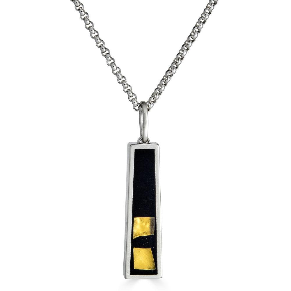 Golden Glow Necklaces Ronnie Taubenfeld.  Small 24K gold-fused Murano glass squares embedded in black resin in an elongated trapezoidal sterling silver setting hanging from a silver rolo chain, handmade.