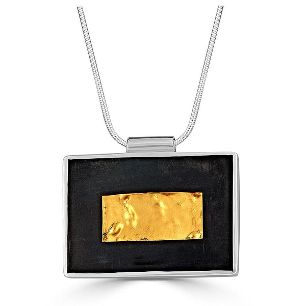 Golden Ripple Bar Necklace Ronnie Taubenfeld is a sterling silver rectangular setting with a 24k gold-fused Murano glass rectangle embedded in black resin. Hangs from a silver snake chain. Handmade.