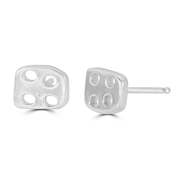 Ia Studs Earrings Ronnie Taubenfeld are small rectangular sterling silver shapes with four circles cut out of each, like dice. Handmade.
