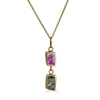 Jeweled Lavalier Necklace Ronnie Taubenfeld a green rectangular Tourmaline gem hanging from a pink rectangular Tourmaline. Both are handset in 14K gold suspended from a 14k gold cable chain.