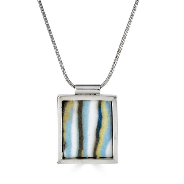 Maiim Pendants Ronnie Taubenfeld has a handmade striped porcelain tile set in sterling silver frame, suspended from a silver snake chain. Handmade setting.