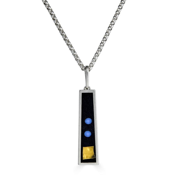 Modernist Mosaic Necklaces Ronnie Taubenfeld  A small 24K gold-fused Murano glass square and two tiny periwinkle blue dots are embedded in black resin in an elongated trapezoidal sterling silver setting hanging from a silver rolo chain, handmade.