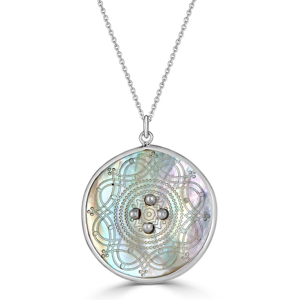 Shimmer Button Necklace by Ronnie Taubenfeld is a round etched etched mother of pearl button set in sterling silver and hanging from a silver cable chain.