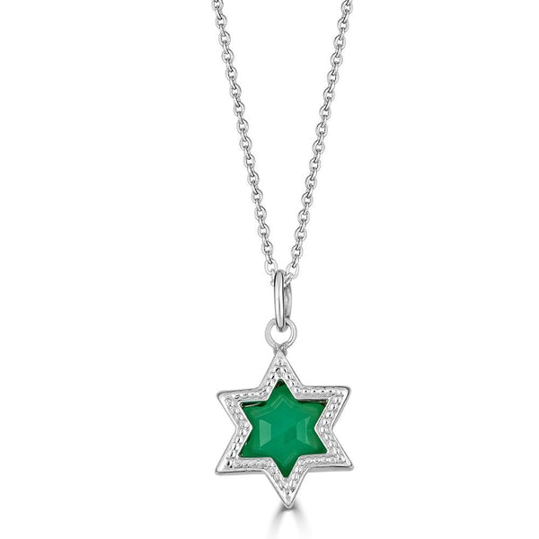 Silver Ethereal Star Necklace by Ronnie Taubenfeld is a silver 6 pointed star set with a star cut green Chrysoprase and hanging from a silver cable chain.