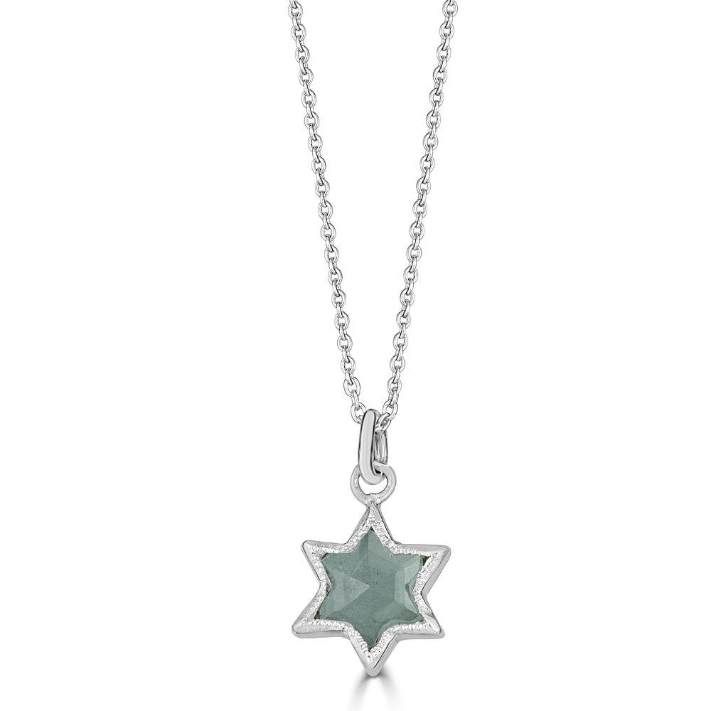 Silver Gossamer Star Necklace by Ronnie Taubenfeld is a sterling silver star setting with a star shaped sea foam green Aquamarine gem and hanging from a silver cable chain.