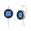 Square in a Circle Drop Earrings by Ronnie Taubenfeld are sterling silver self-locking disks with a periwinkle blue glass smalto embedded in black resin and set within.