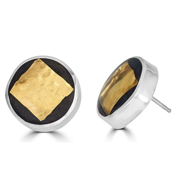 Square Shimmer Post Earrings by Ronnie Taubenfeld are 24K yellow gold-fused glass squares embedded in black resin and set in round sterling silver bezels.